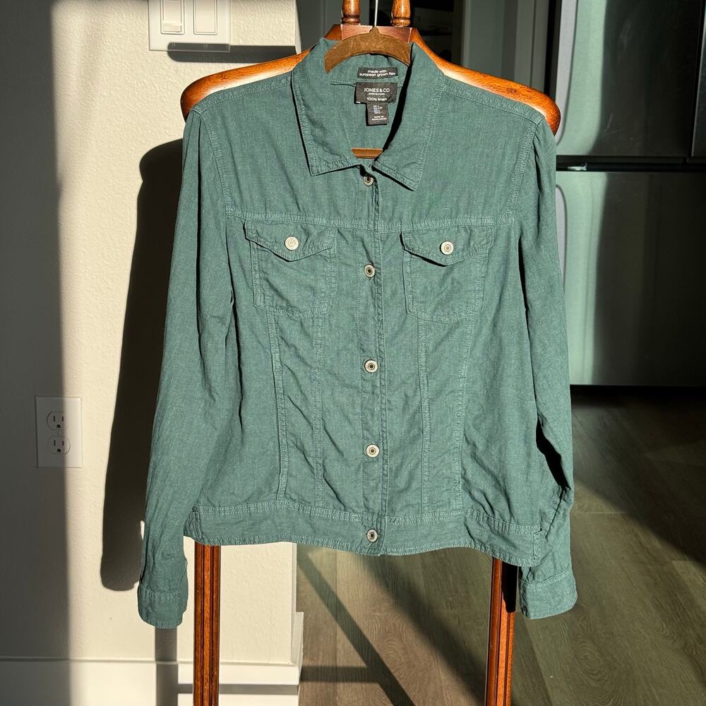 Jones 100% European Flax Linen Jacket Women L Green Button Front Utility Shirt